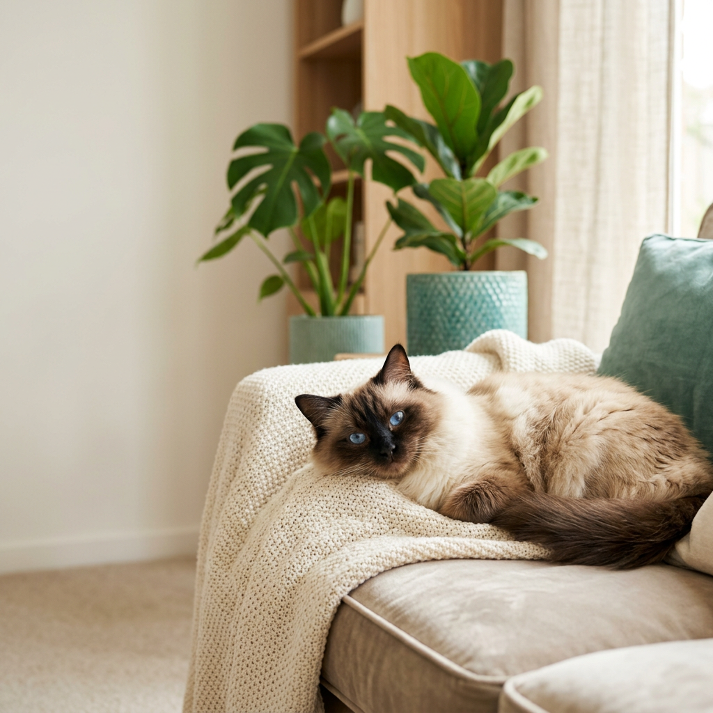 A healthy, relaxed Ragdoll cat with blue eyes