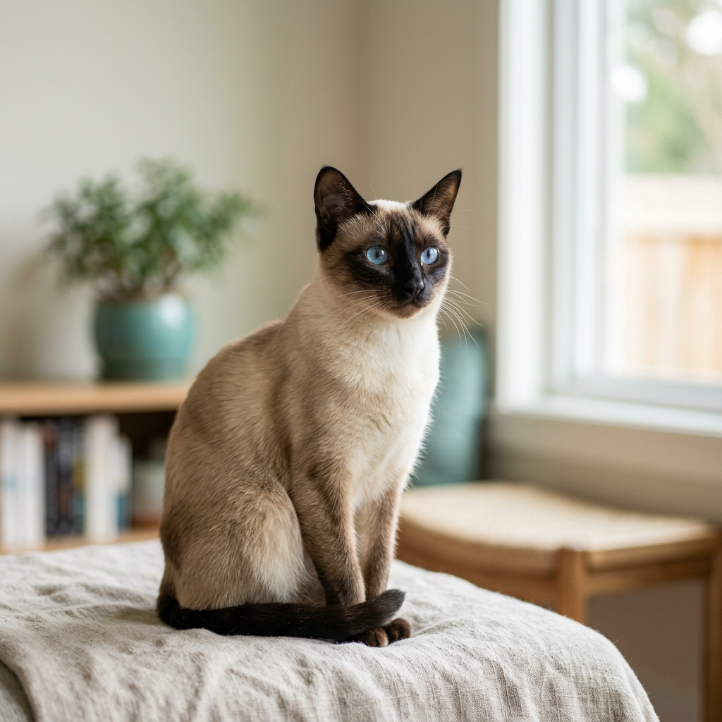 A healthy, sleek Siamese cat with blue eyes