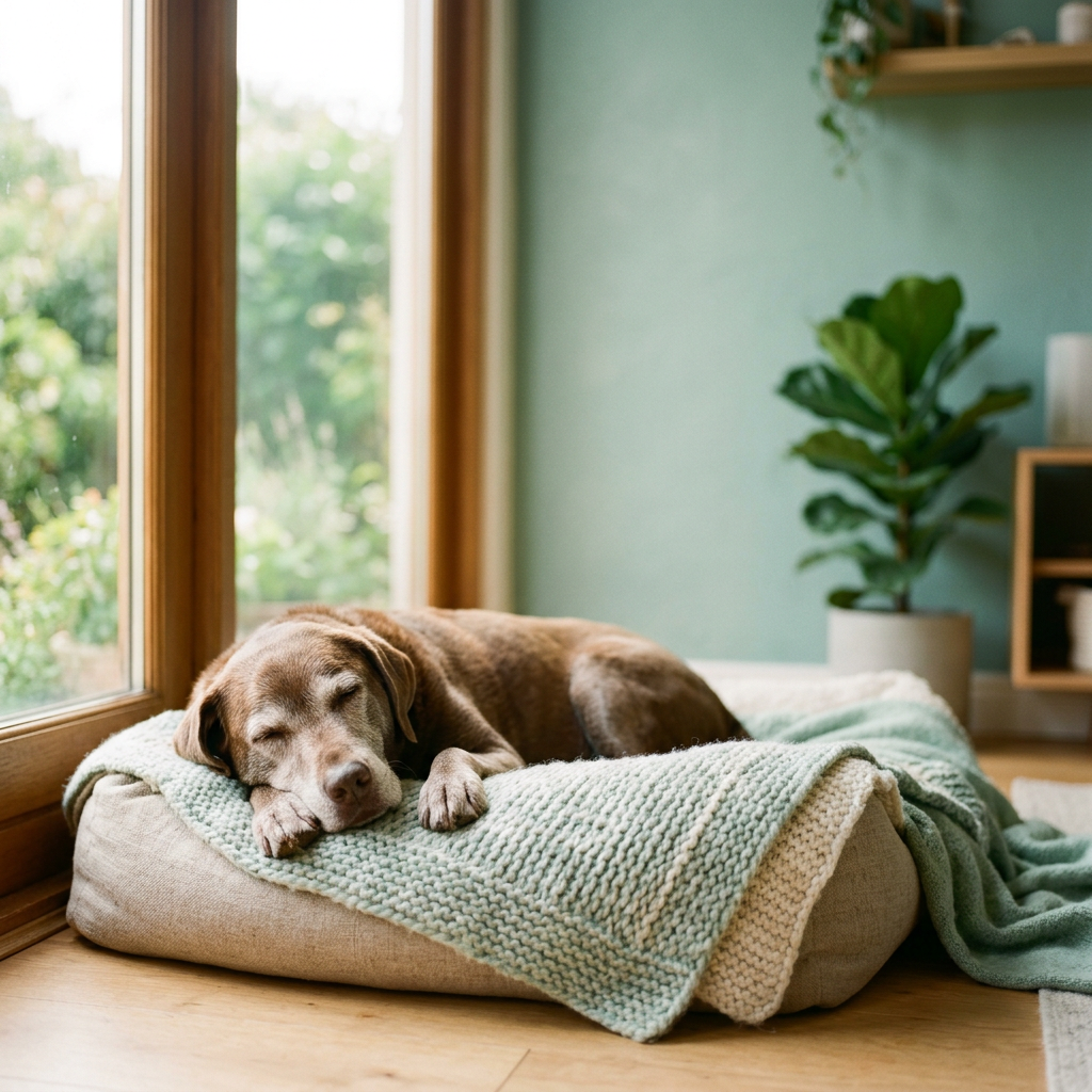 A relaxed, content senior dog resting comfortably at home