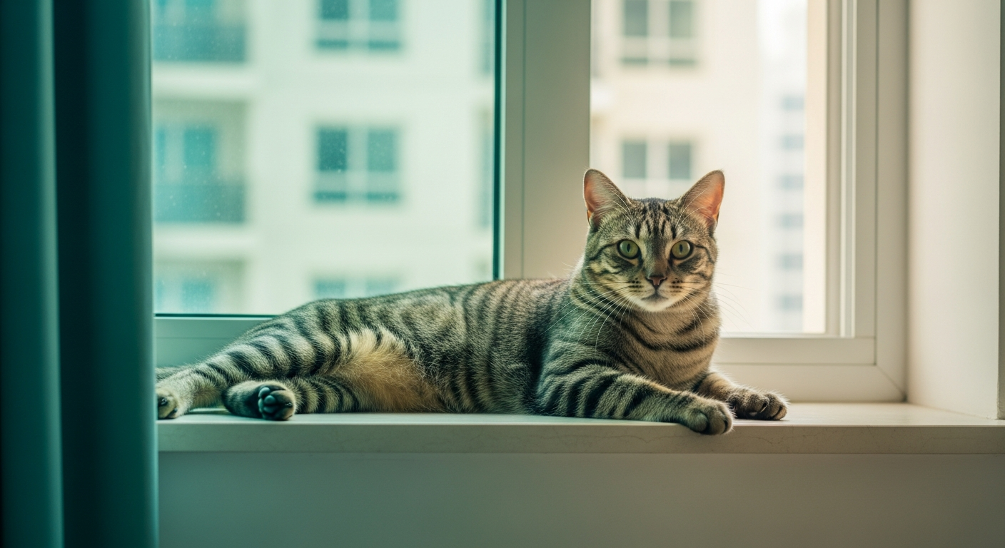 A content, healthy cat by a sunny apartment window