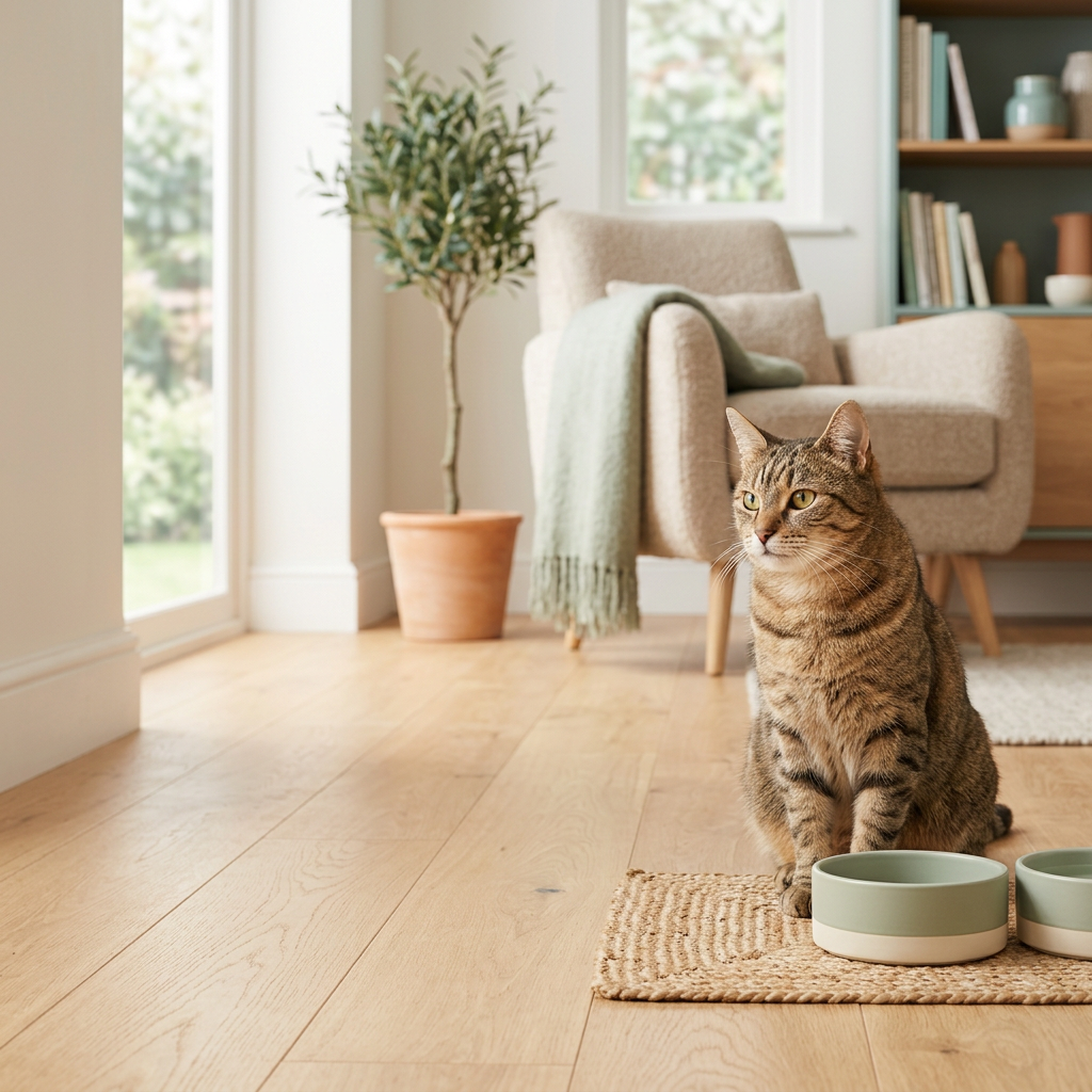 A healthy, alert cat beside its food bowl