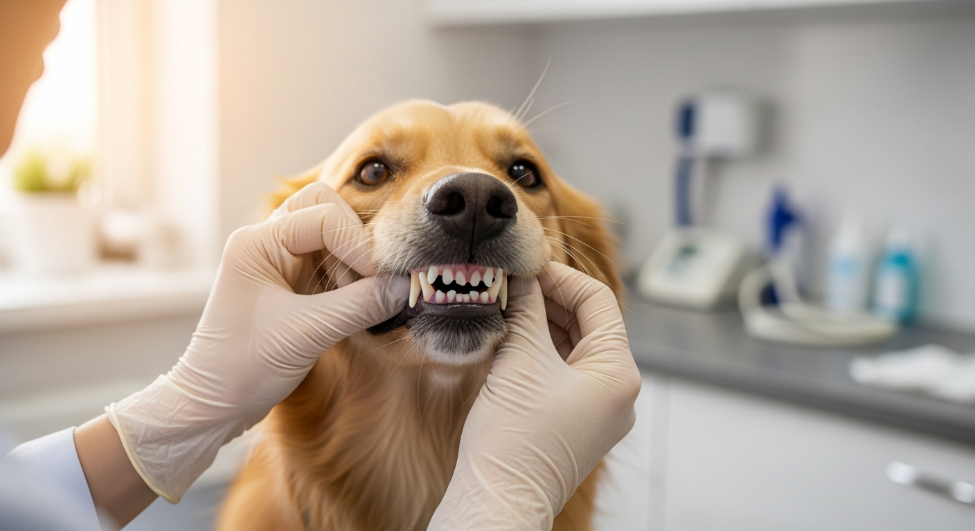 Dog with clean, healthy teeth being gently introduced to a pet toothbrush at home