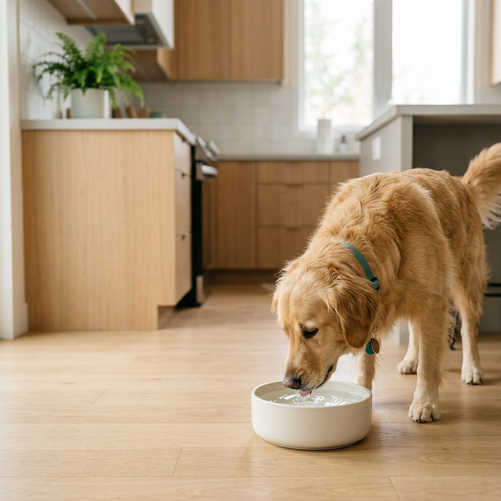 A healthy dog drinking from a water bowl at home