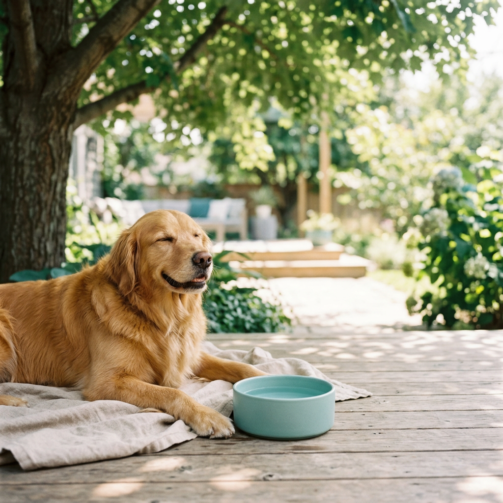 A relaxed, healthy dog resting in the shade with water