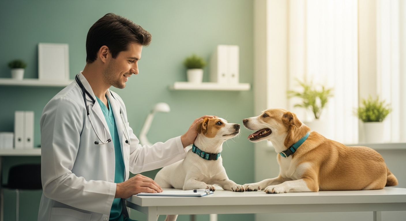 A friendly vet greeting a happy dog in a bright clinic
