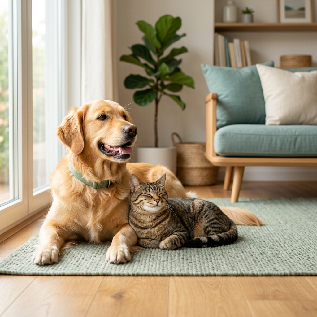 A vibrant, healthy dog and cat together at home