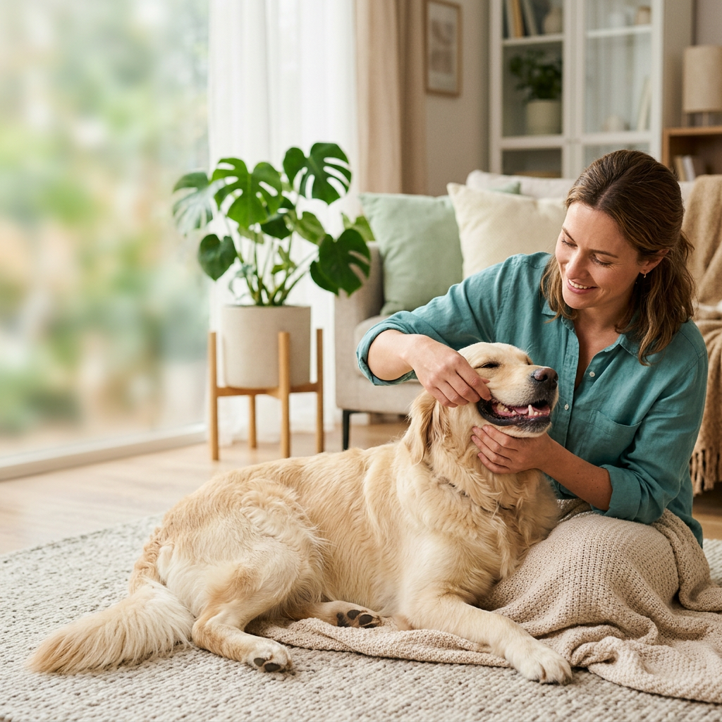 Owner doing a gentle at-home gum check on a calm, healthy dog