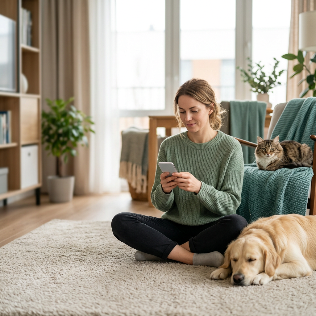 An owner using a phone beside a calm, healthy pet at home