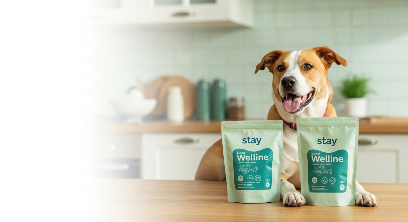 A healthy dog beside pet food packaging