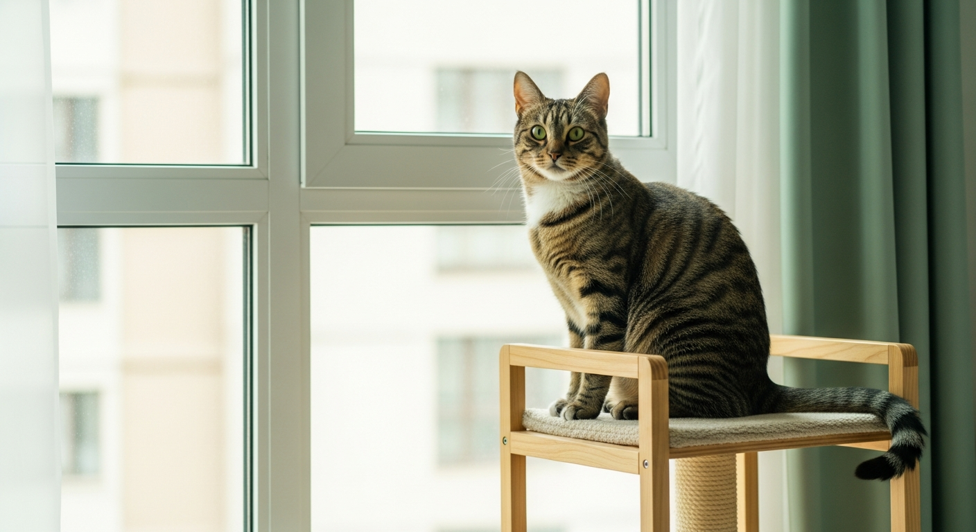 A content cat playing on a cat tree by a window