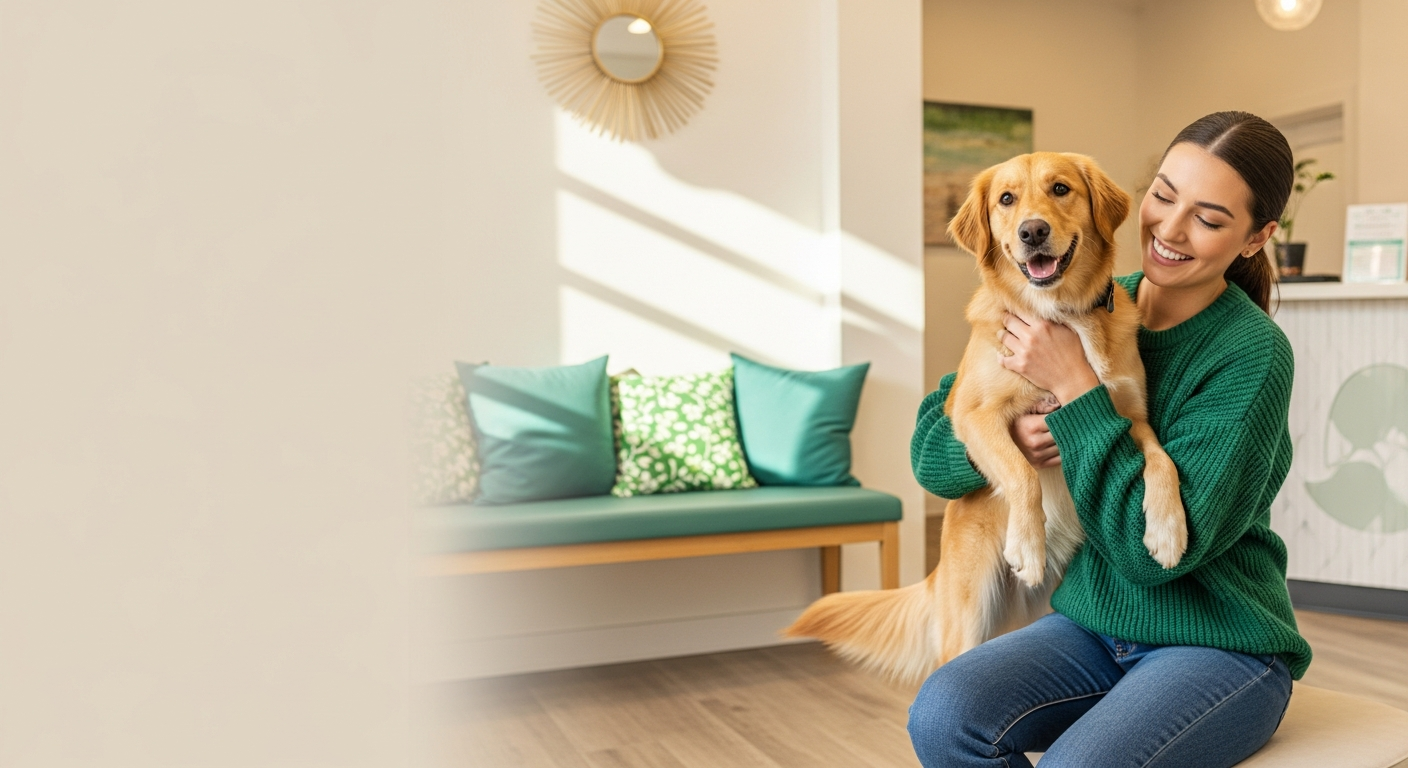 A happy dog held by its owner in a bright clinic