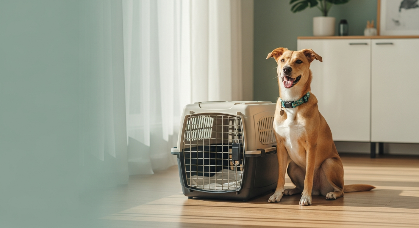 A calm dog beside a travel crate, ready to move