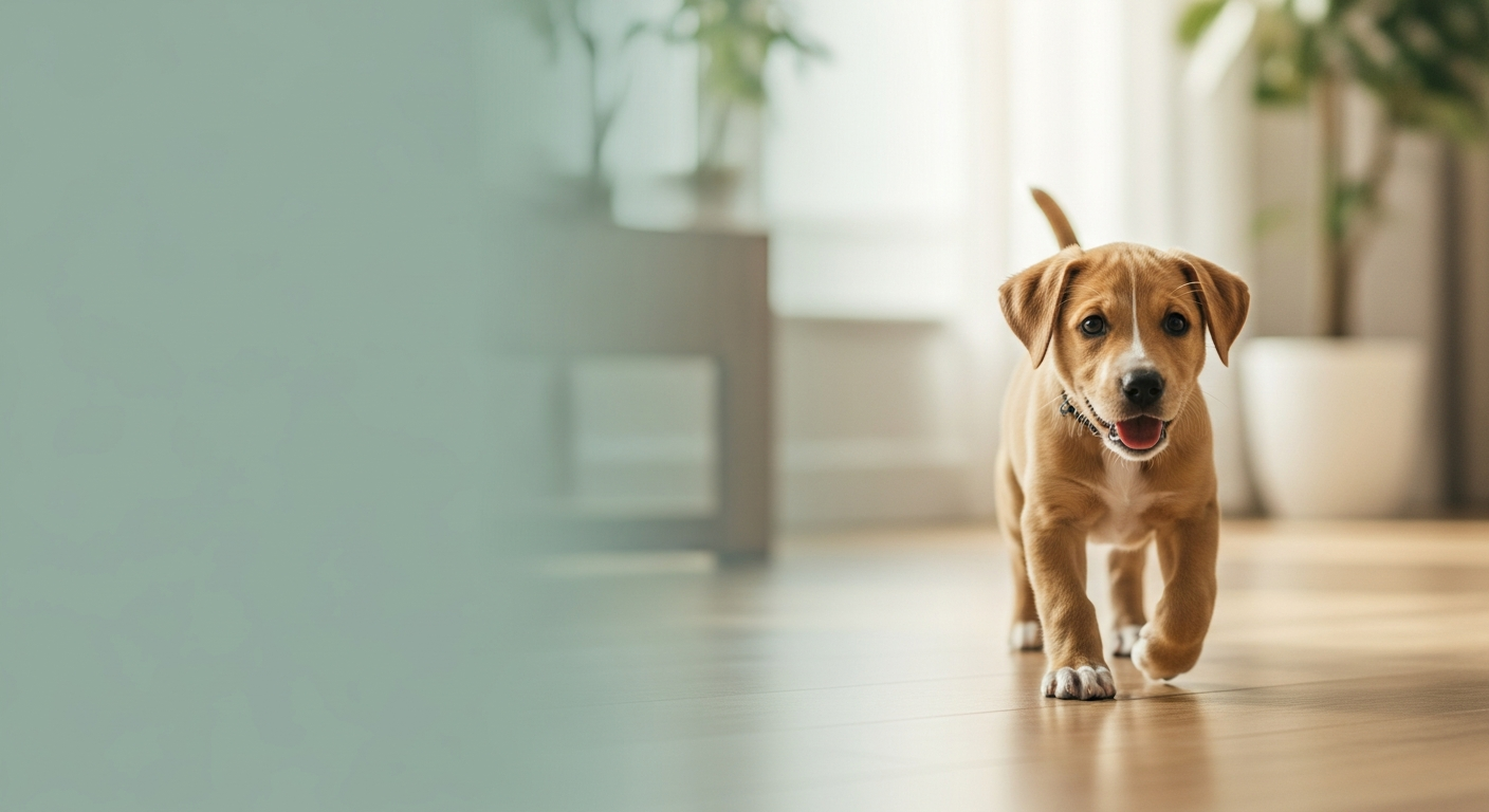 A healthy puppy exploring a bright, cozy home