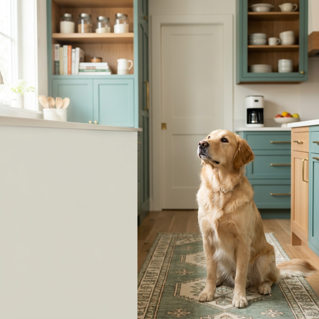 A healthy dog in a safe, tidy kitchen