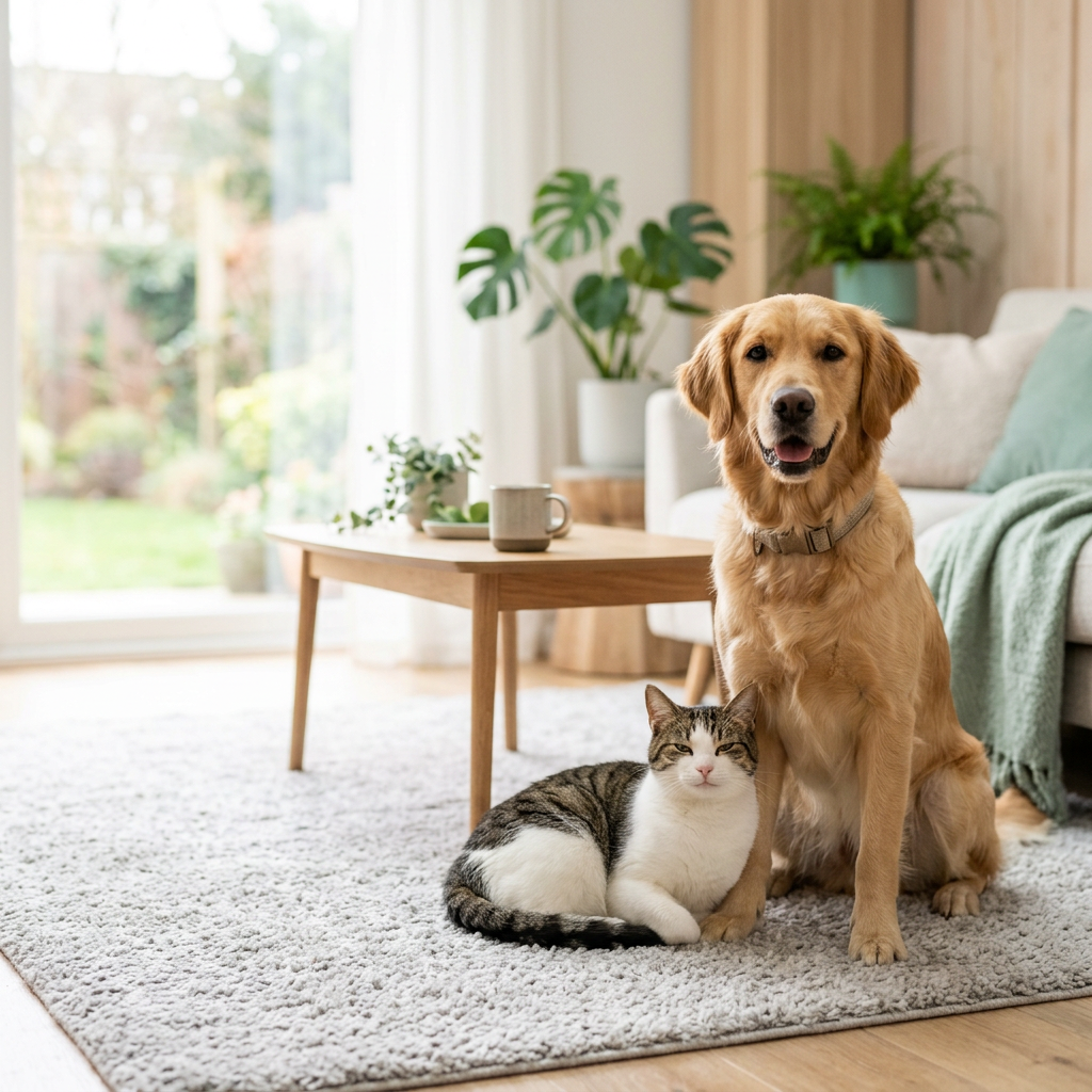 A healthy dog and calm cat together at home