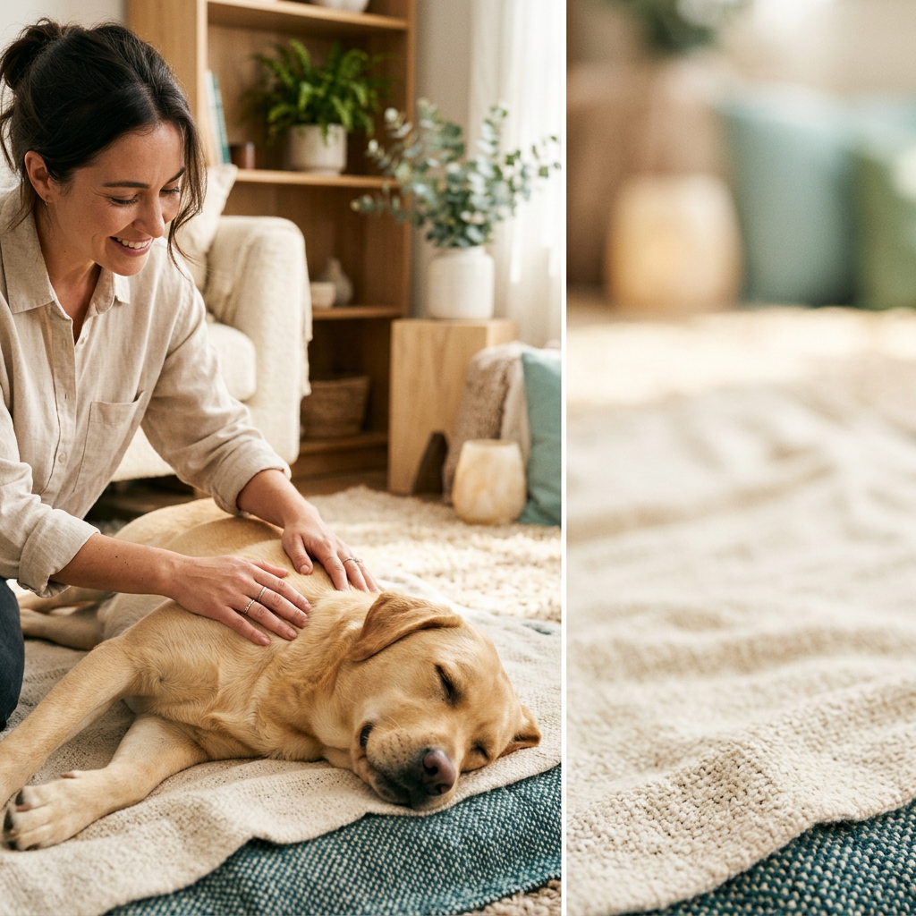 Owner gently stroking a relaxed, healthy dog during a home check