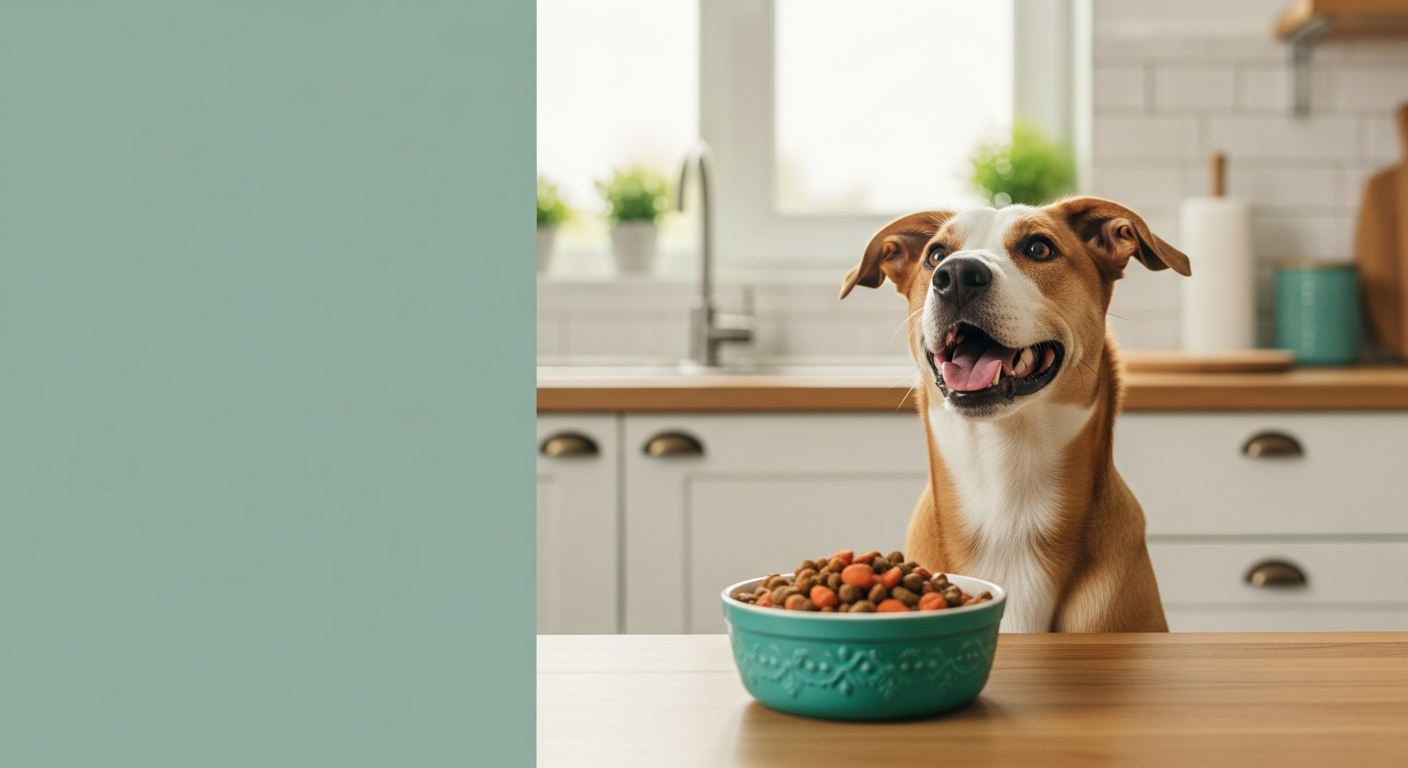 A healthy dog beside a bowl of fresh food