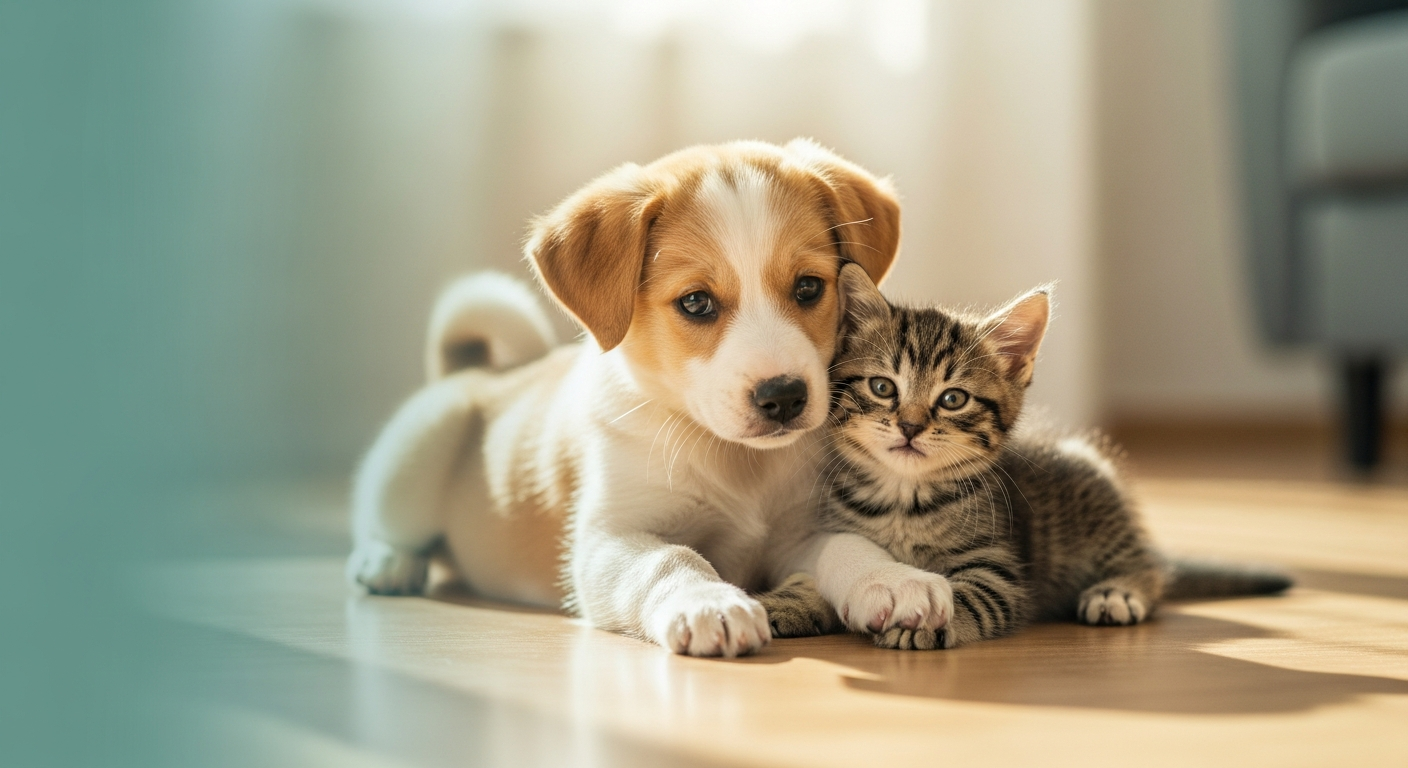 A healthy puppy and kitten playing together