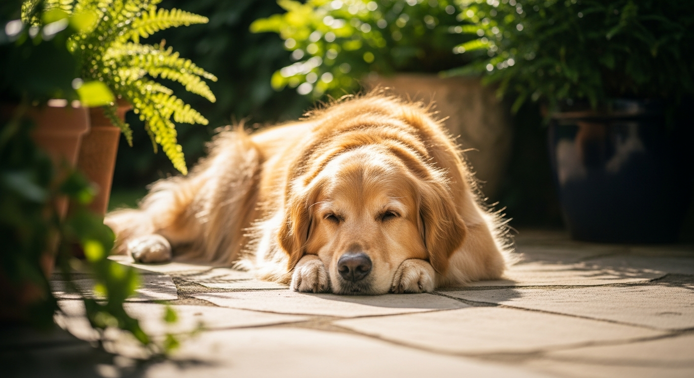 Content grey-muzzled senior dog resting comfortably in a bright, warm home