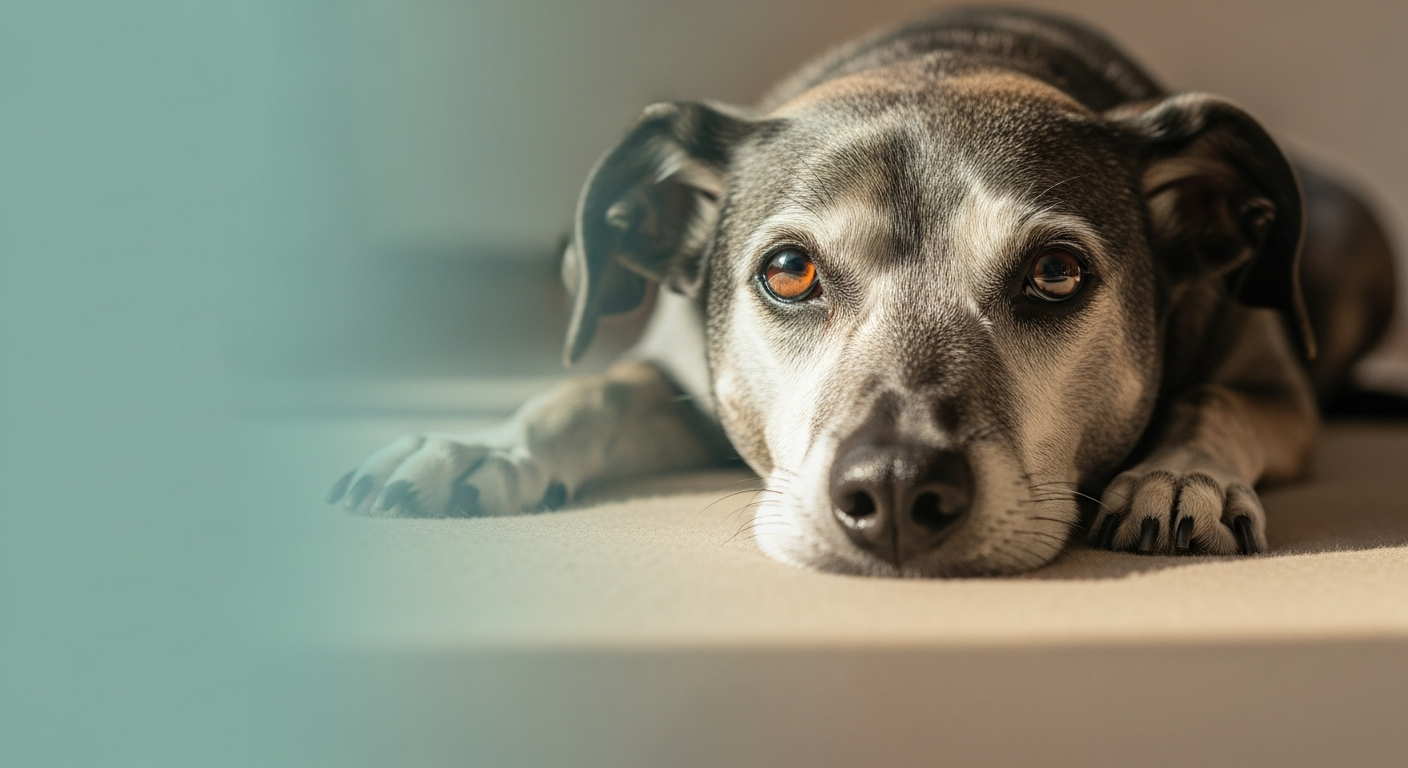 A content senior dog with a grey muzzle, bright-eyed