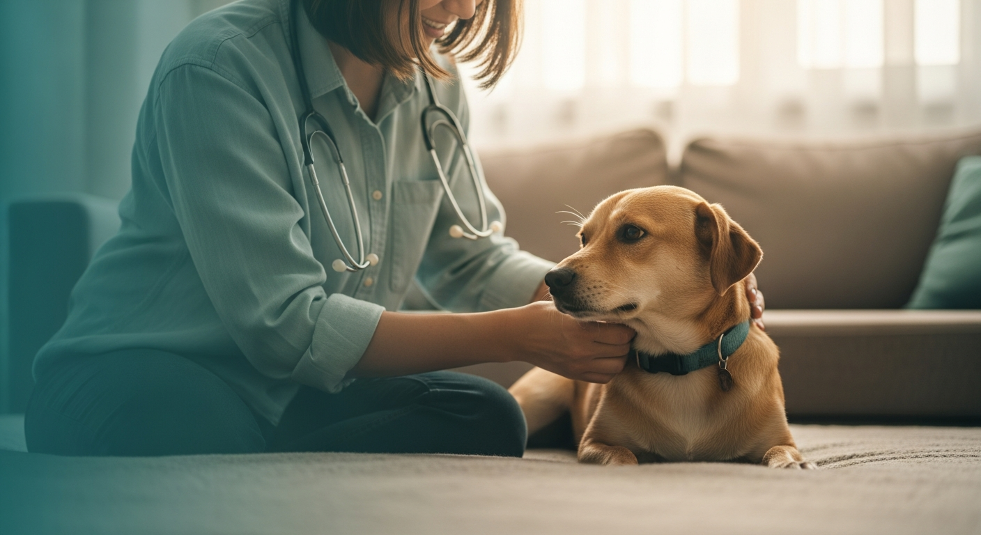 An owner gently checking a calm, healthy dog