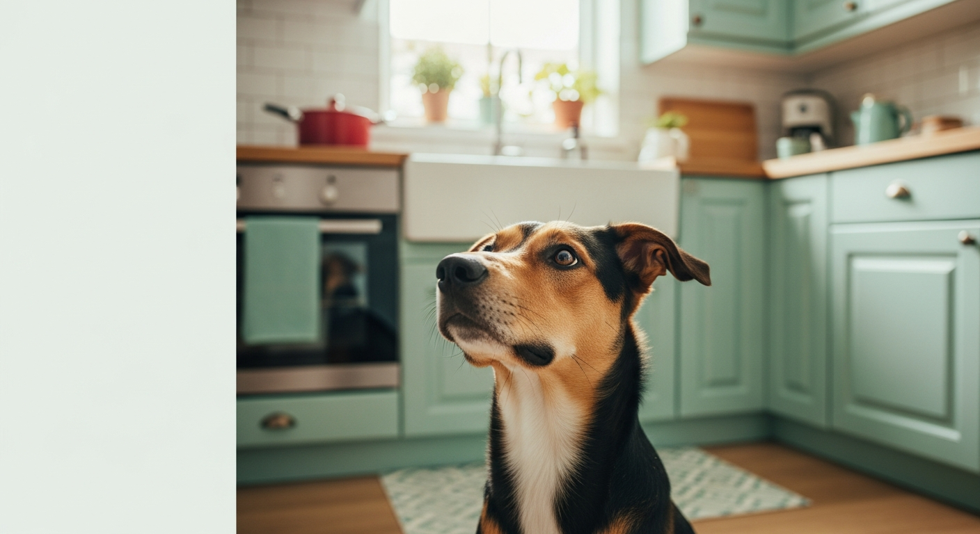 A healthy dog in a bright, tidy kitchen