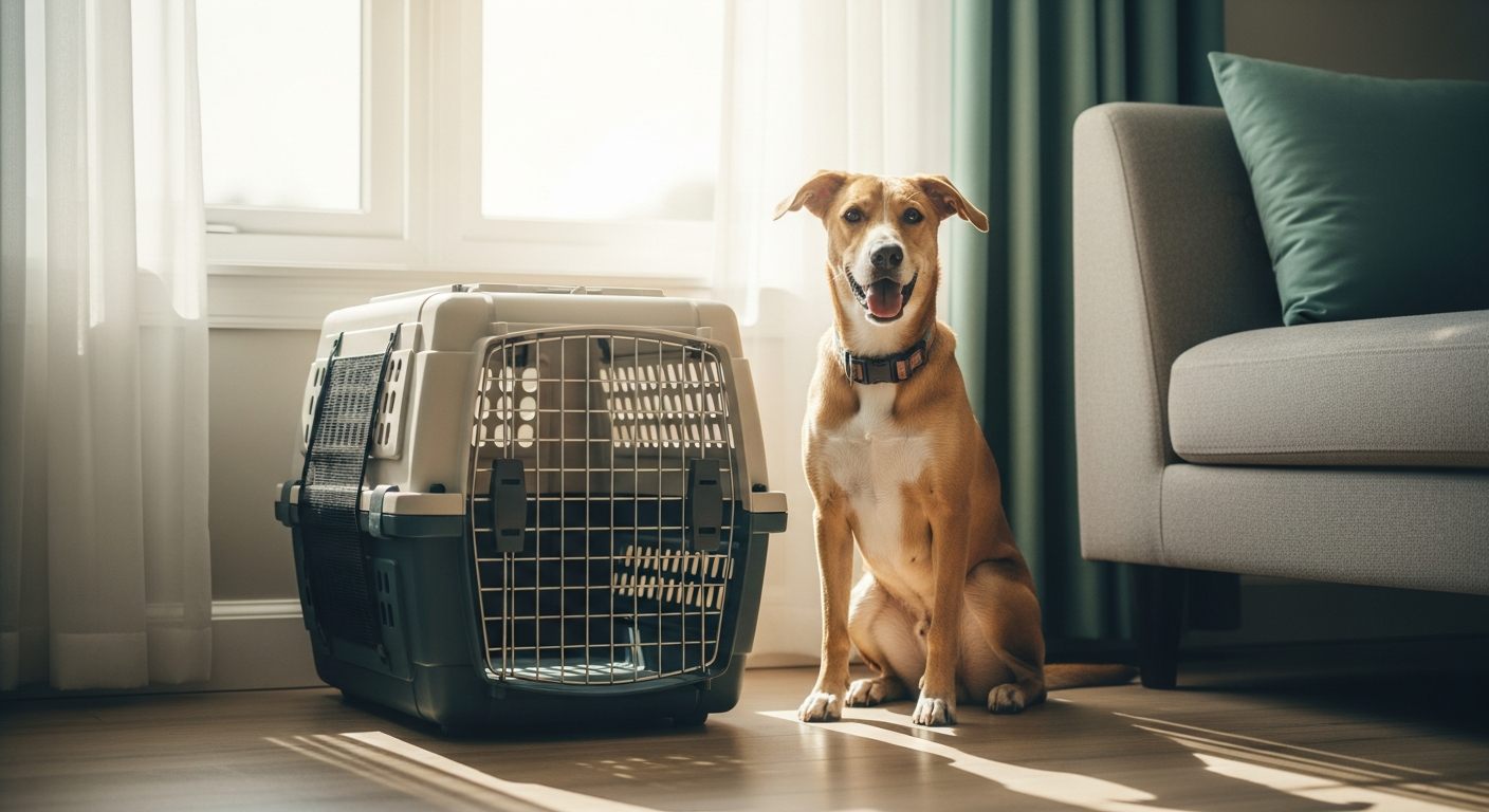 A calm dog beside a pet travel crate by a window
