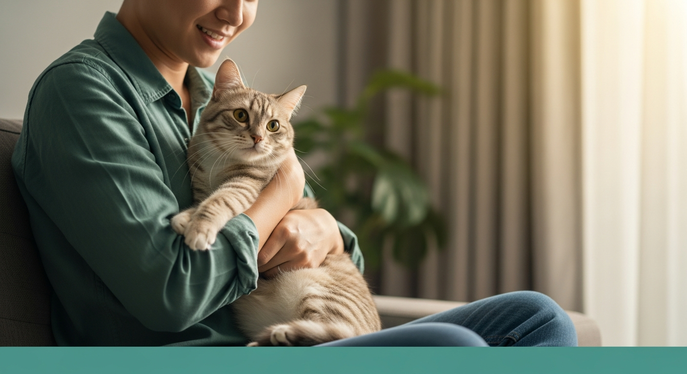 An owner gently holding a calm, content cat